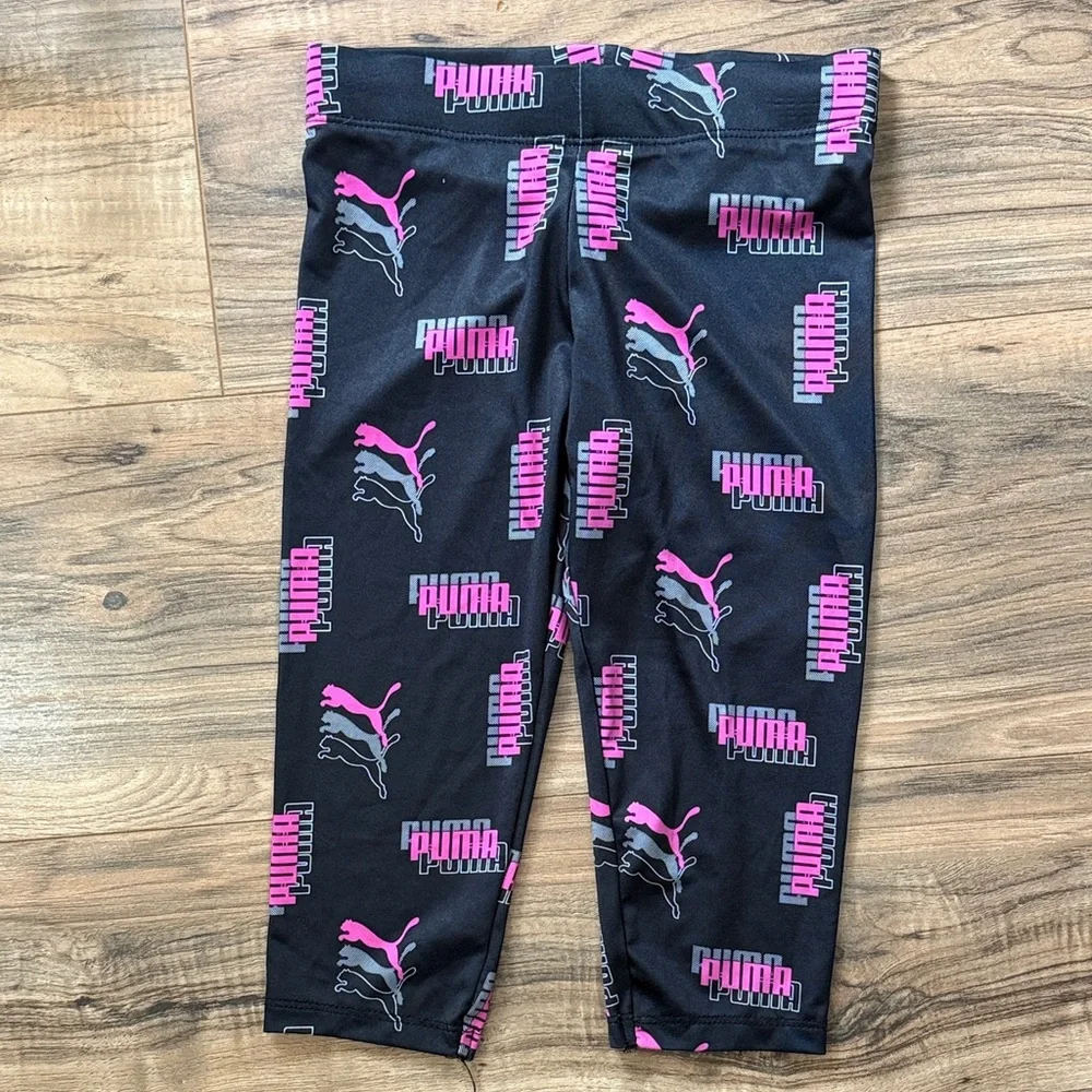 Girls Puma All Over Print Cropped Leggings Black & Pink Girls Size 6